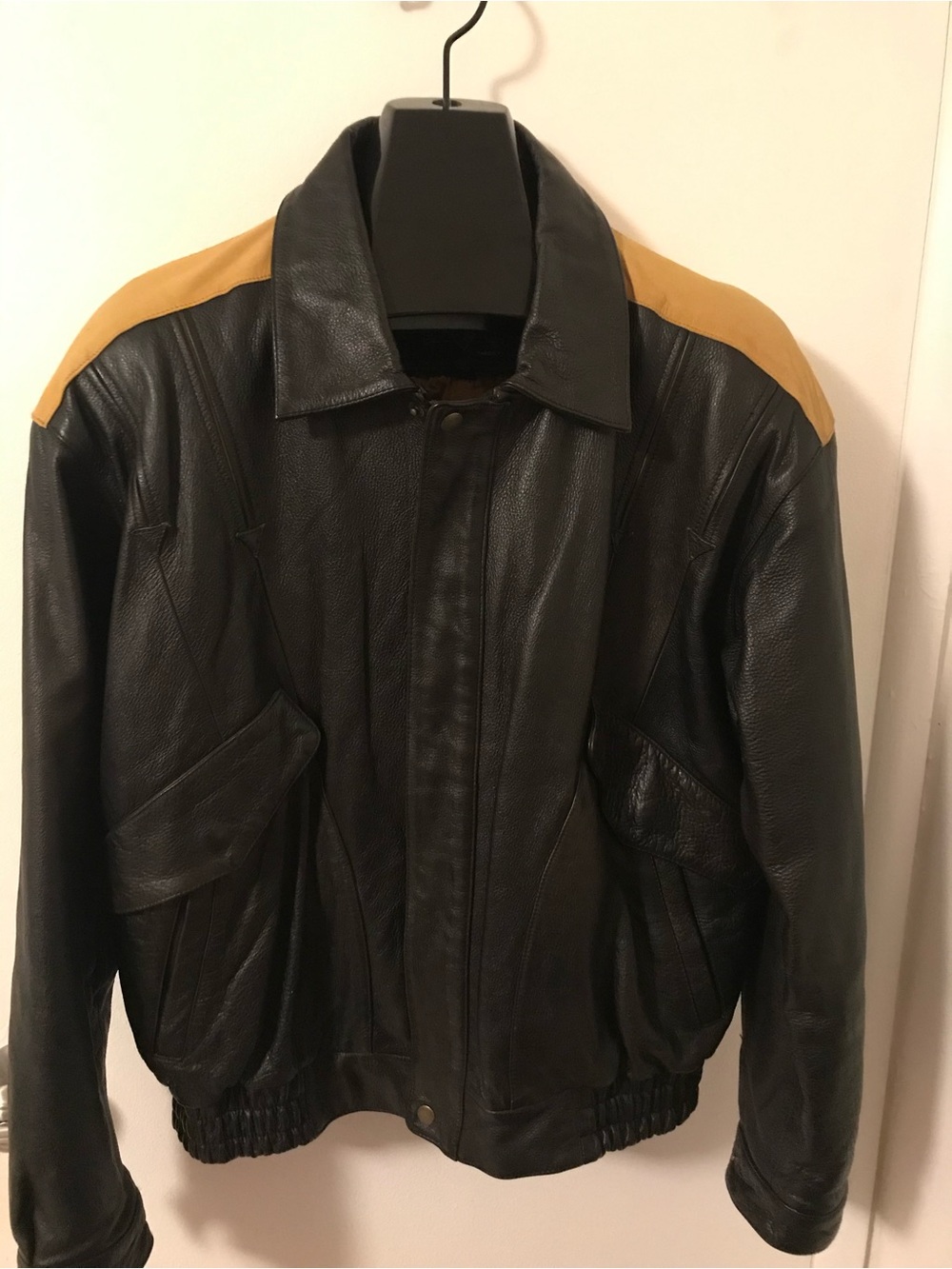 LAWLESS Black Leather Bomber Jacket with Tan Shoulder Panels